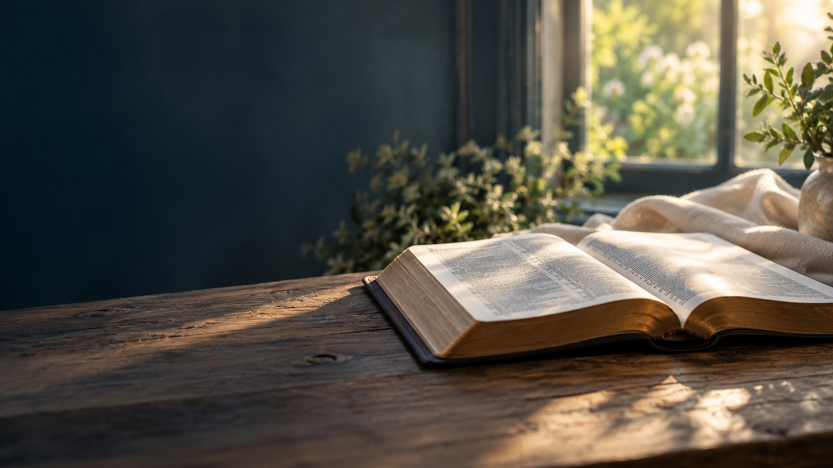 An open Bible in morning light